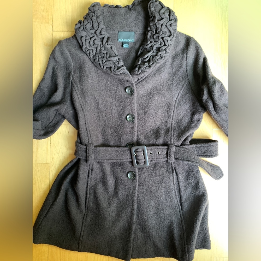 Cynthia Rowley Brown Ruffled Collar Wool Belted Sweater Coat